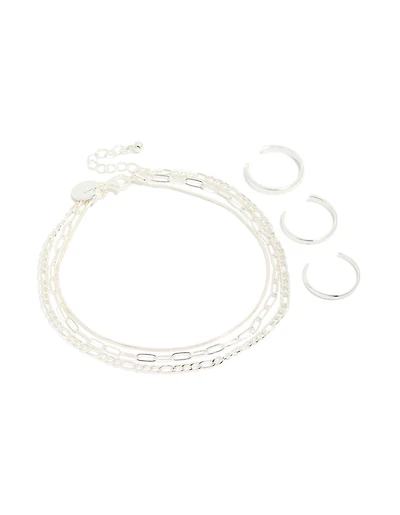 Silver Smooth Chain Anklet & Toe Rings Pack