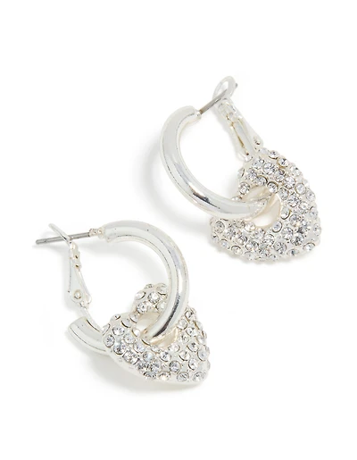 Silver Diamante Pavé Heart Huggie Earrings