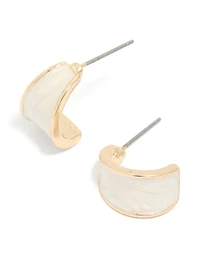 Gold White Marbled Open Hoop Earrings