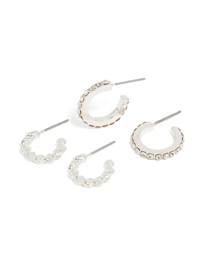 Pack de 3 boucles d’oreilles argentées torsadées et diamants