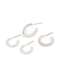 Pack de 3 boucles d’oreilles argentées torsadées et diamants