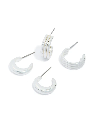 Silver Ribbed & Plain Open Hoop Earrings 2-Pack