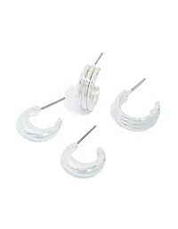 Silver Ribbed & Plain Open Hoop Earrings 2-Pack