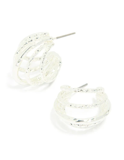 Silver Textured 5-Prong Huggie Earrings