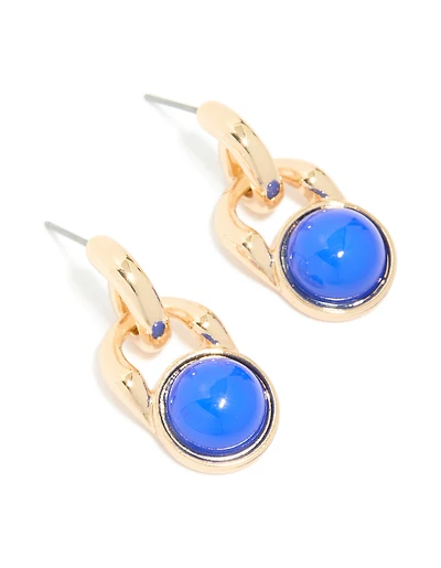 Gold Blue Stone Doorknocker Stud Earrings