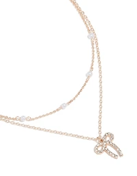 Rose Gold Pearl & Diamante Bow Layered  Necklace