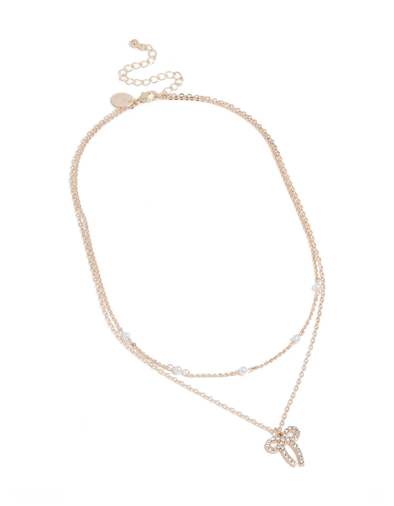 Rose Gold Pearl & Diamante Bow Layered  Necklace