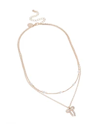 Rose Gold Pearl & Diamante Bow Layered  Necklace