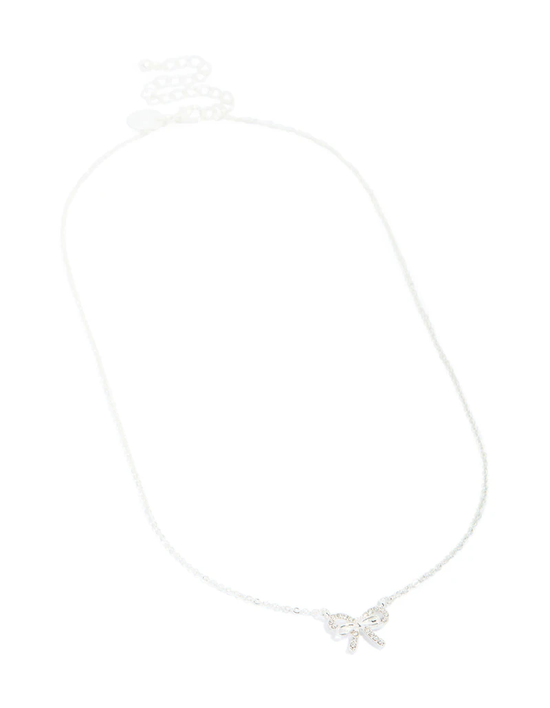 Silver Diamante Dainty Bow Necklace