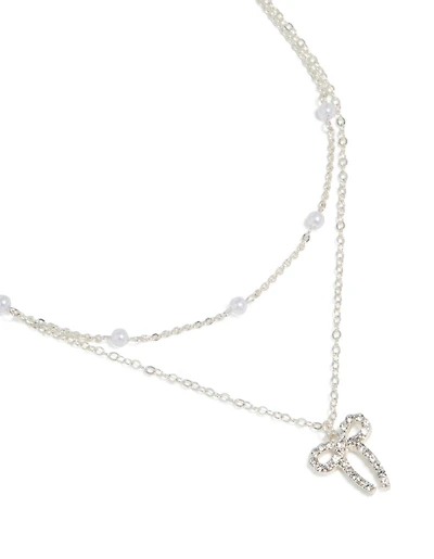 Silver Pearl & Diamante Bow Layered Necklace