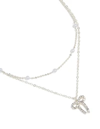 Silver Pearl & Diamante Bow Layered Necklace