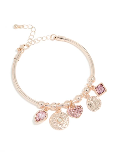 Rose Gold Pink Diamante & Disc Charm Bangle