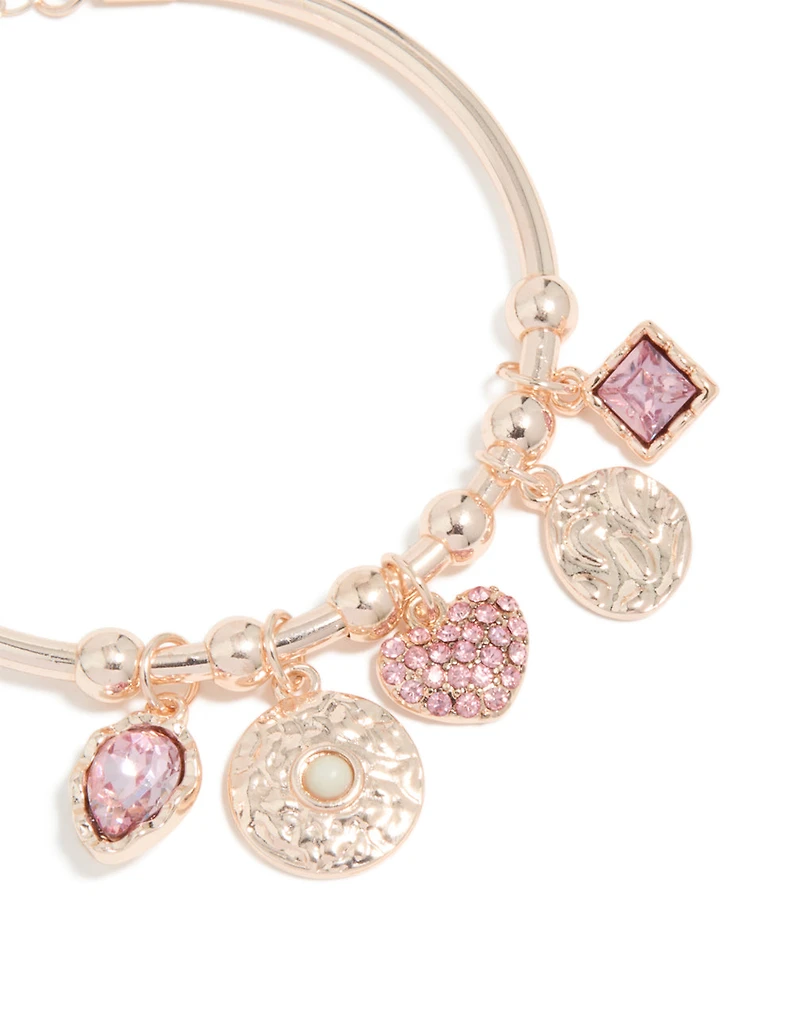 Rose Gold Pink Diamante & Disc Charm Bangle
