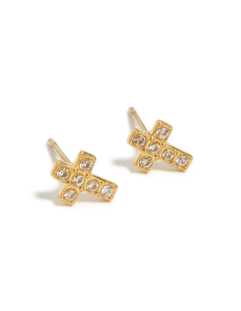 Waterproof Gold Plated Stainless Steel Cubic Zirconia Cross Stud Earrings