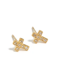 Waterproof Gold Plated Stainless Steel Cubic Zirconia Cross Stud Earrings