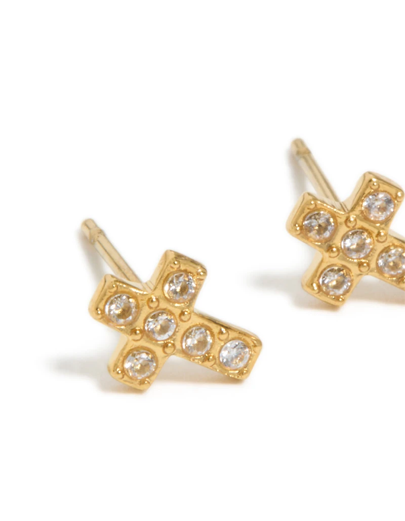 Waterproof Gold Plated Stainless Steel Cubic Zirconia Cross Stud Earrings