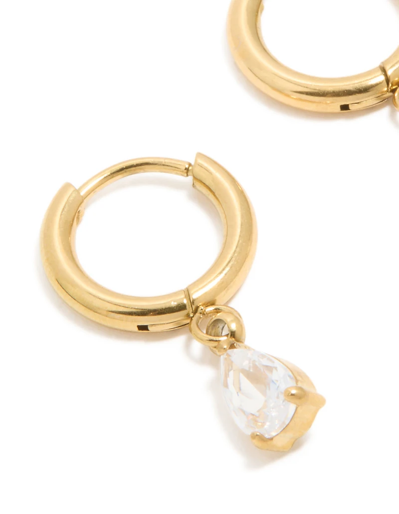 Waterproof Gold Plated Stainless Steel Cubic Zirconia Pear Huggie Earrings