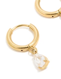 Waterproof Gold Plated Stainless Steel Cubic Zirconia Pear Huggie Earrings