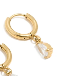 Waterproof Gold Plated Stainless Steel Cubic Zirconia Pear Huggie Earrings