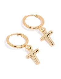 Waterproof Gold Plated Stainless Steel Cross Huggie Earrings