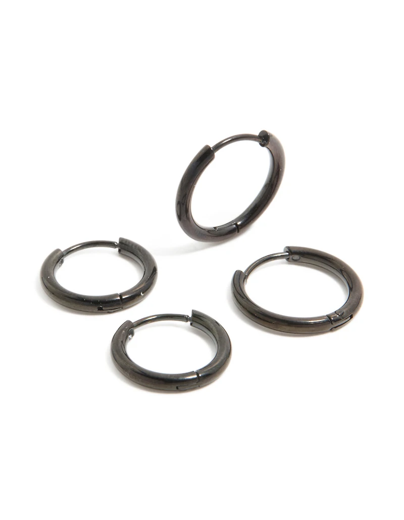 Mens Waterproof Black Coated Stainless Steel Huggie Earrings 2-Pack