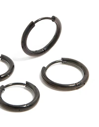 Mens Waterproof Black Coated Stainless Steel Huggie Earrings 2-Pack