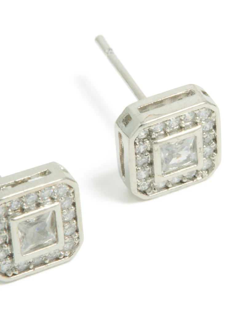 Mens Waterproof Stainless Steel Square Cubic Zirconia Stud Earrings