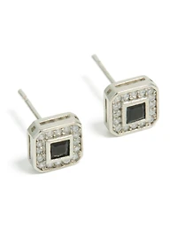 Mens Waterproof Stainless Steel Black Cubic Zirconia Pave Square Earrings