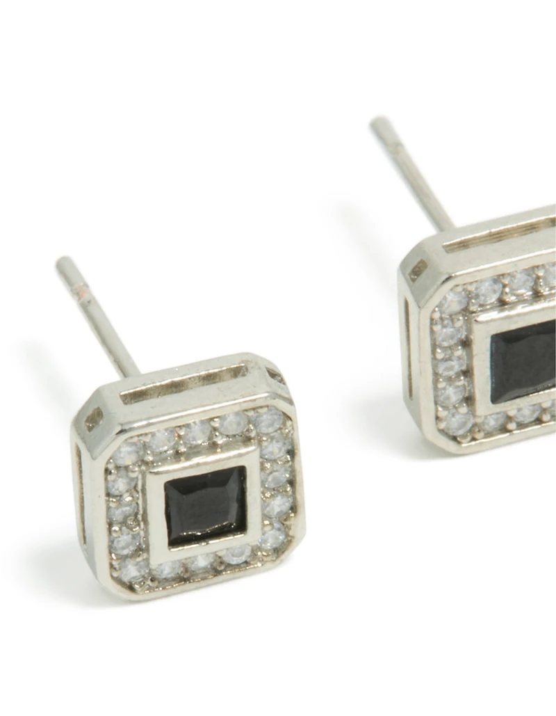 Mens Waterproof Stainless Steel Black Cubic Zirconia Pave Square Earrings