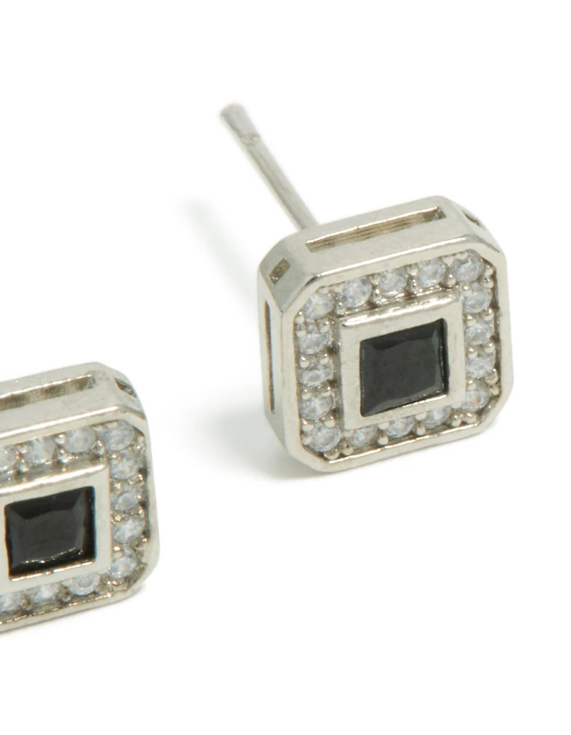 Mens Waterproof Stainless Steel Black Cubic Zirconia Pave Square Earrings