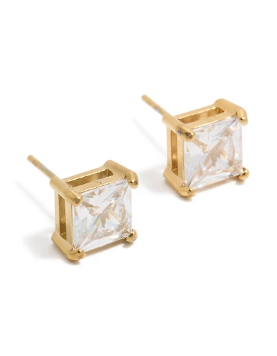 Mens Waterproof Gold Plated Stainless Steel Large Square Cubic Zirconia Stud Earrings