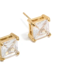 Mens Waterproof Gold Plated Stainless Steel Large Square Cubic Zirconia Stud Earrings