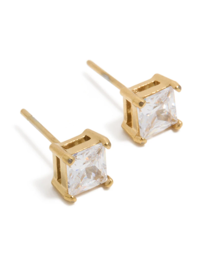 Mens Waterproof Gold Plated Stainless Steel Small Square Cubic Zirconia Stud Earrings