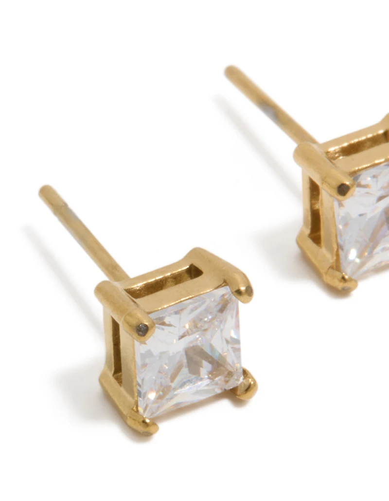 Mens Waterproof Gold Plated Stainless Steel Small Square Cubic Zirconia Stud Earrings