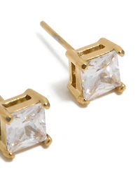 Mens Waterproof Gold Plated Stainless Steel Small Square Cubic Zirconia Stud Earrings