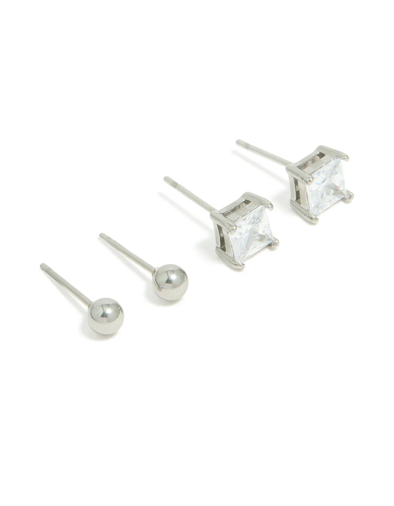 Mens Waterproof Stainless Steel Square Cubic Zirconia & Ball Earrings 2 Pack
