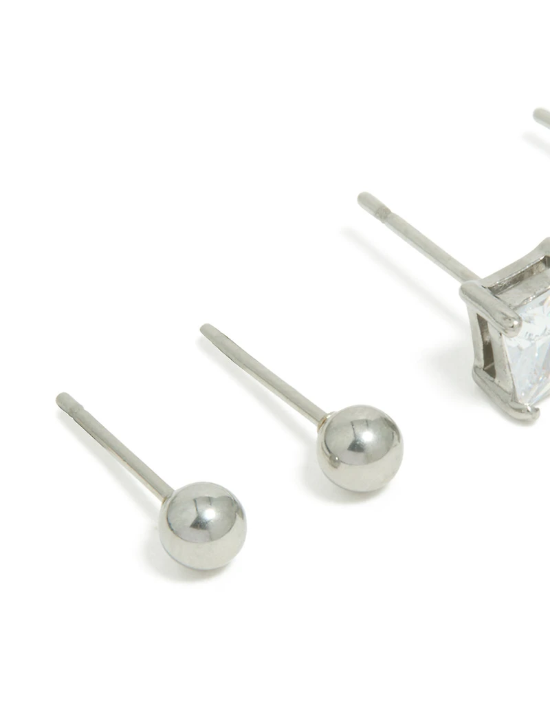 Mens Waterproof Stainless Steel Square Cubic Zirconia & Ball Earrings 2 Pack