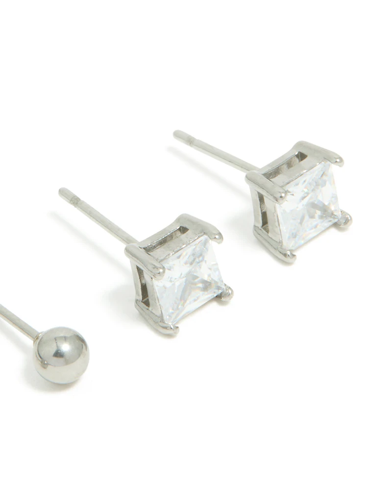 Mens Waterproof Stainless Steel Square Cubic Zirconia & Ball Earrings 2 Pack