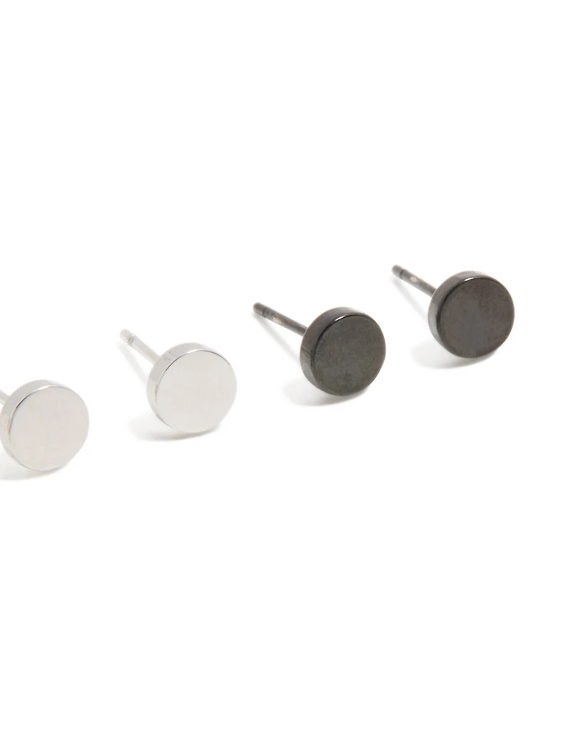 Mens Waterproof Mixed Plated Stainless Steel  Flat Stud Earrings 3-Pack