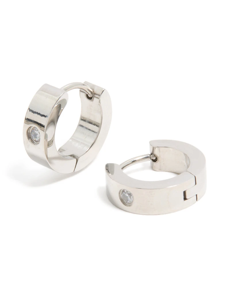 Mens Waterproof Stainless Steel Cubic Zirconia Huggie Earrings