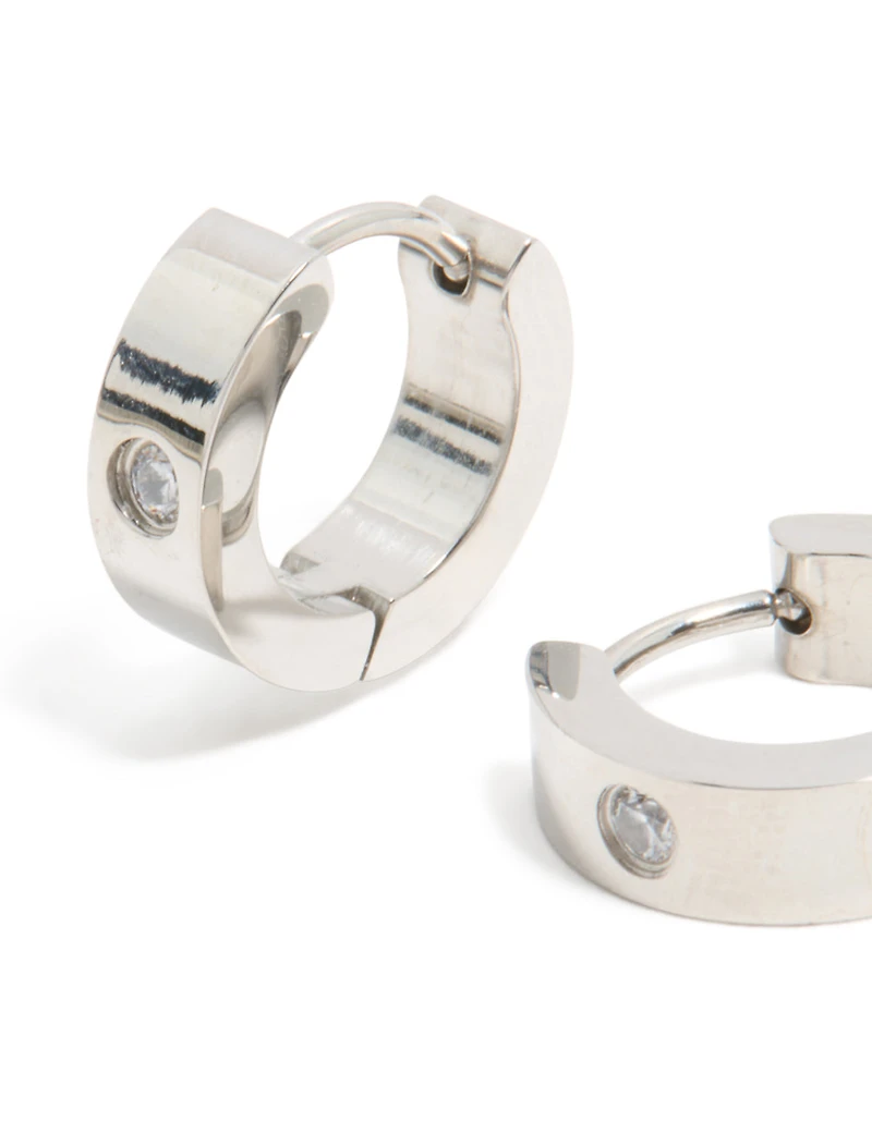 Mens Waterproof Stainless Steel Cubic Zirconia Huggie Earrings