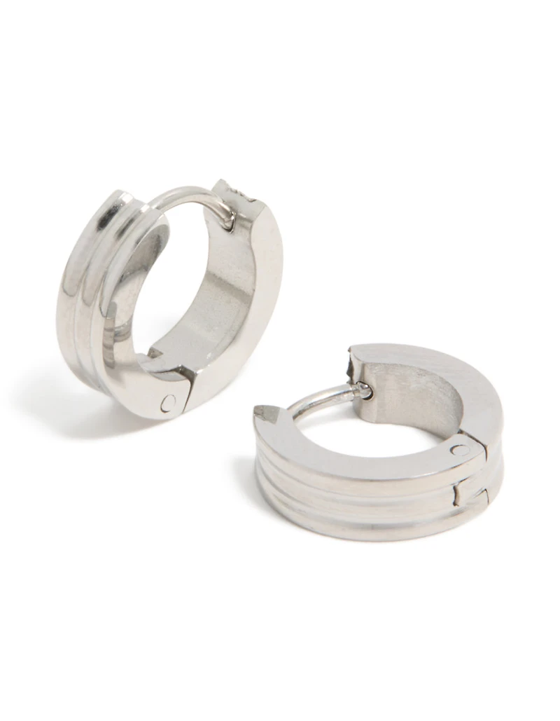 Mens Waterproof Stainless Steel Ribbed Huggie Earrings