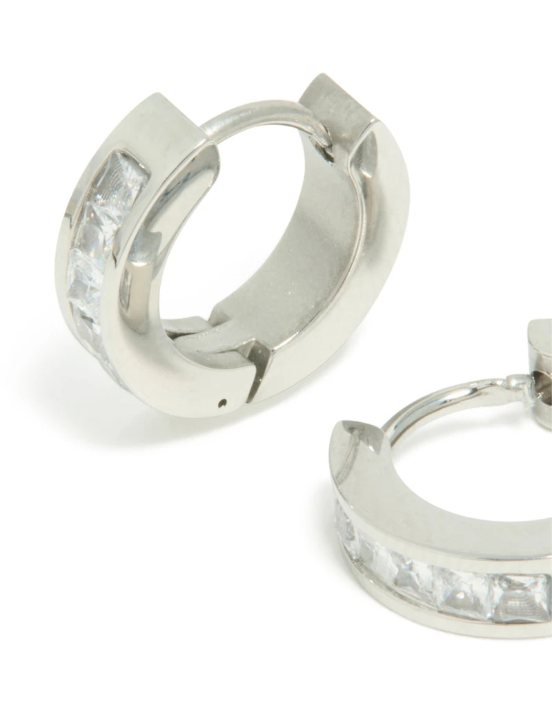 Mens Waterproof Stainless Steel Square Cubic Zirconia Huggie Earrings