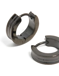 Mens Waterproof Black Coated Stainless Steel Ribbed Huggie Earrings