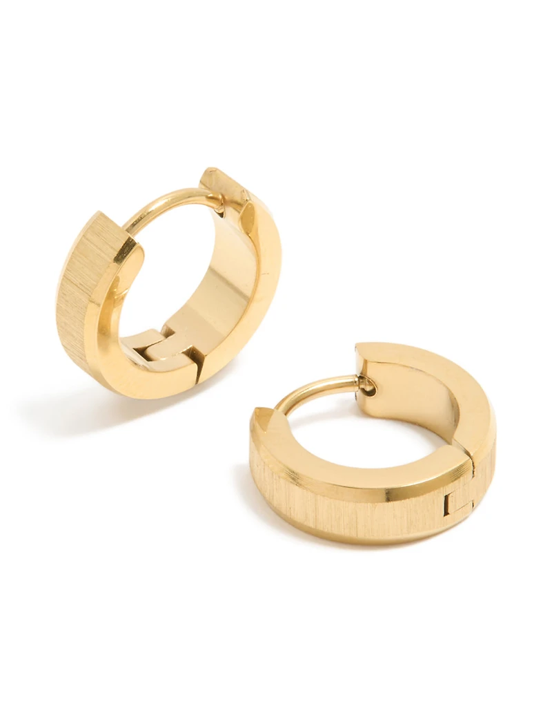 Mens Waterproof Gold Plated Stainless Steel Brushed Huggie Earrings