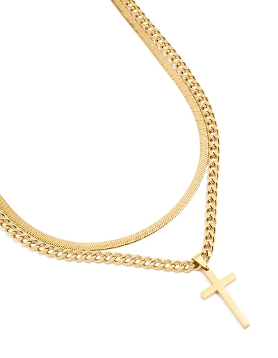 Collier imperméable en acier inoxydable plaqué or pour hommes, croix et chaîne serpent