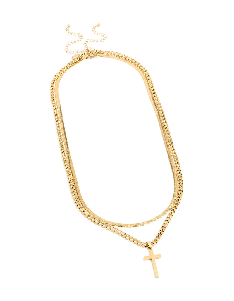 Collier imperméable en acier inoxydable plaqué or pour hommes, croix et chaîne serpent
