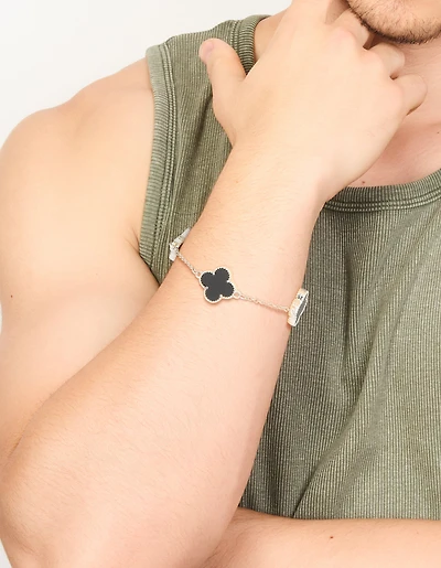 Mens Waterproof Stainless Steel Black Clovers Chain Bracelet