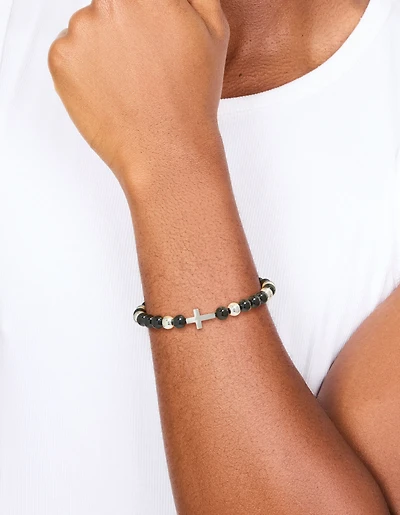 Mens Waterproof Stainless Steel Black Beaded & Cross Cord Bracelet