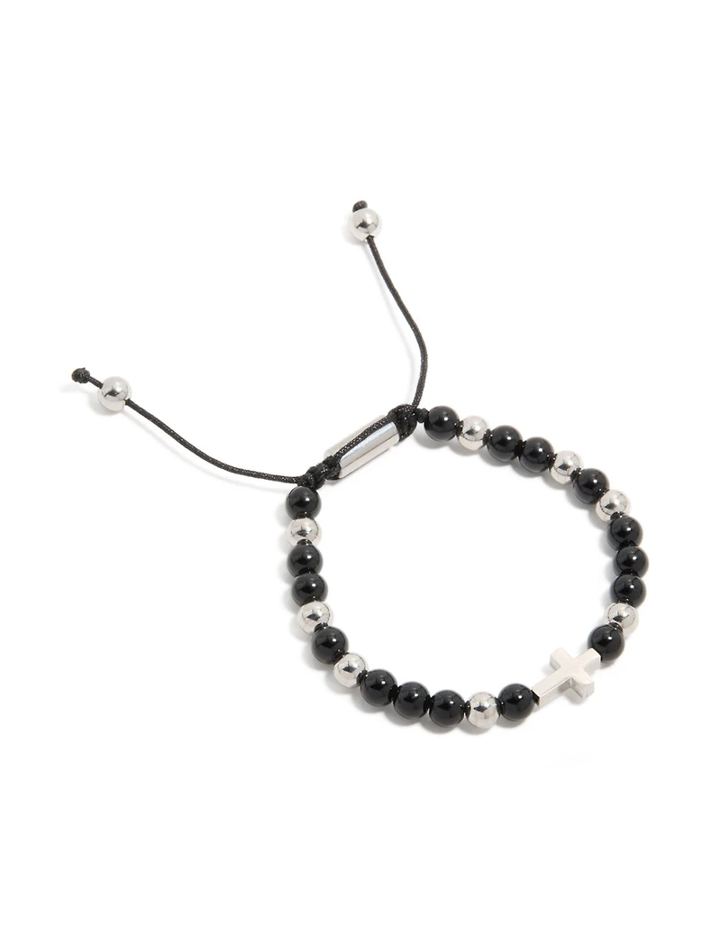 Mens Waterproof Stainless Steel Black Beaded & Cross Cord Bracelet